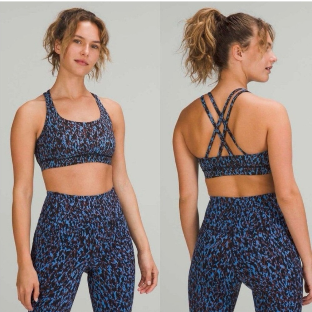 Lululemon Energy Bra (Medium Support B-D Cups) Leopard Camo Blue Nile SZ 6 EUC